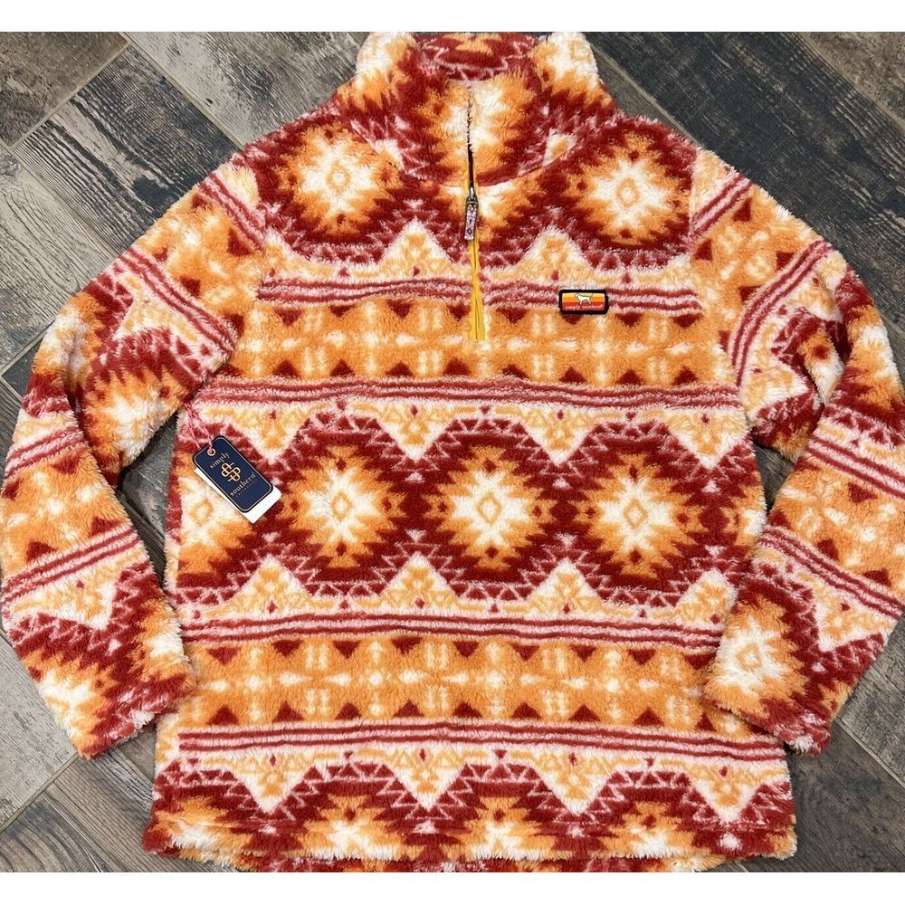 New $48 Simply Southern Women Soft Plush Tribe Aztec 1/4 Zip Pullover Size Large